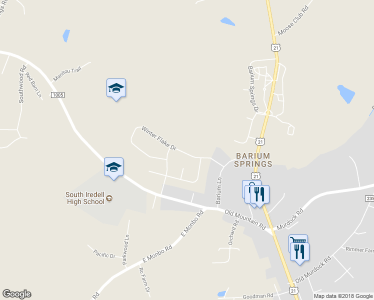 map of restaurants, bars, coffee shops, grocery stores, and more near 150 Winter Flake Drive in Statesville