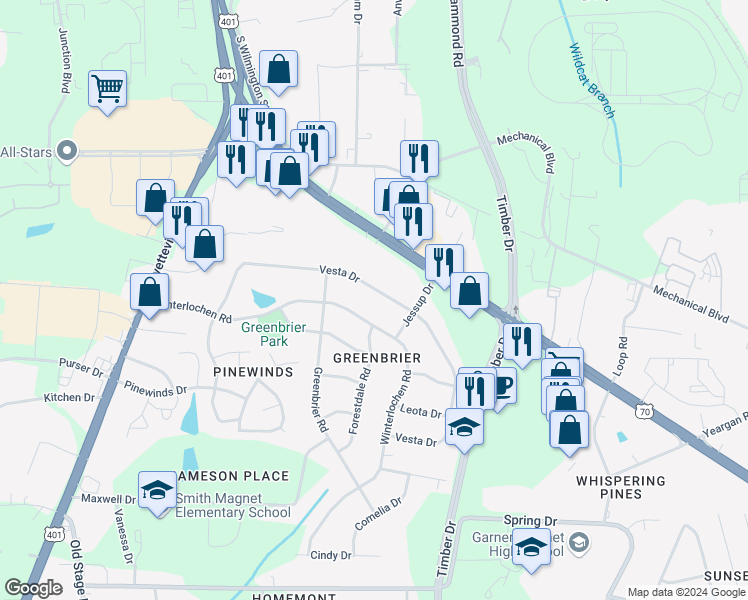 map of restaurants, bars, coffee shops, grocery stores, and more near 3808 Vesta Drive in Raleigh