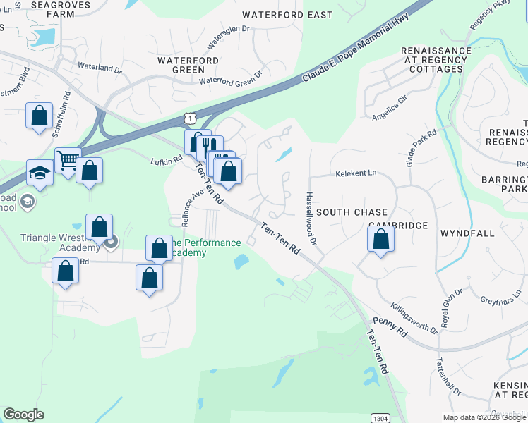 map of restaurants, bars, coffee shops, grocery stores, and more near 411 Solandra Lane in Apex