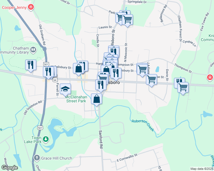 map of restaurants, bars, coffee shops, grocery stores, and more near 15 Sanford Road in Pittsboro