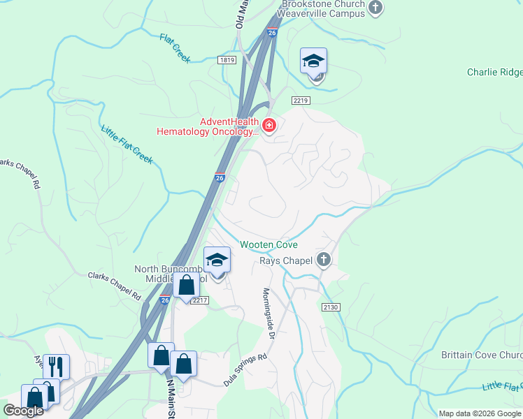 map of restaurants, bars, coffee shops, grocery stores, and more near 70 Red Maple Drive in Weaverville