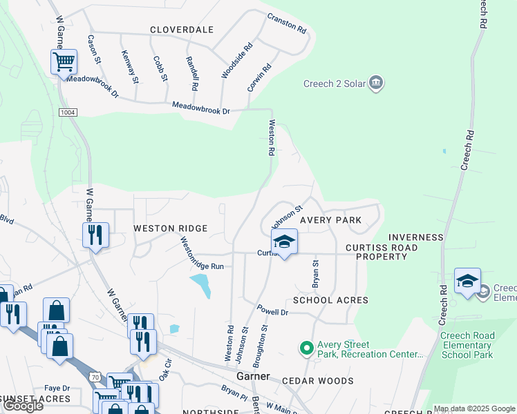 map of restaurants, bars, coffee shops, grocery stores, and more near 129 Parkhaven Lane in Garner