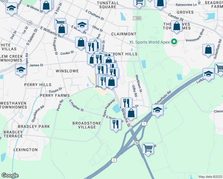 map of restaurants, bars, coffee shops, grocery stores, and more near 1200 East Williams Street in Apex