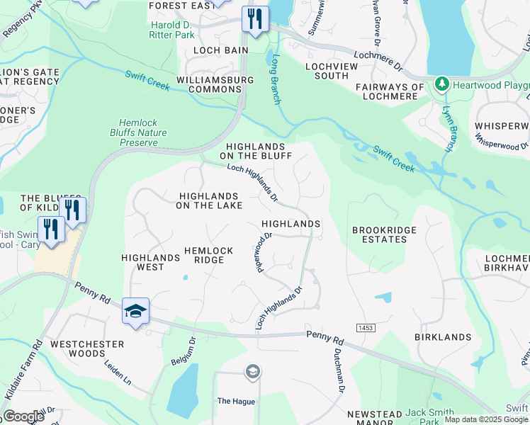 map of restaurants, bars, coffee shops, grocery stores, and more near 110 Greenhaven Lane in Cary