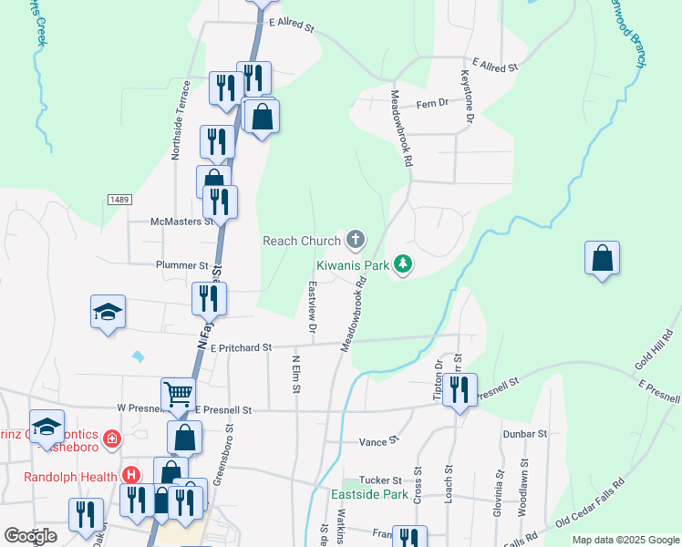 map of restaurants, bars, coffee shops, grocery stores, and more near 256 Crowne Park Avenue in Asheboro