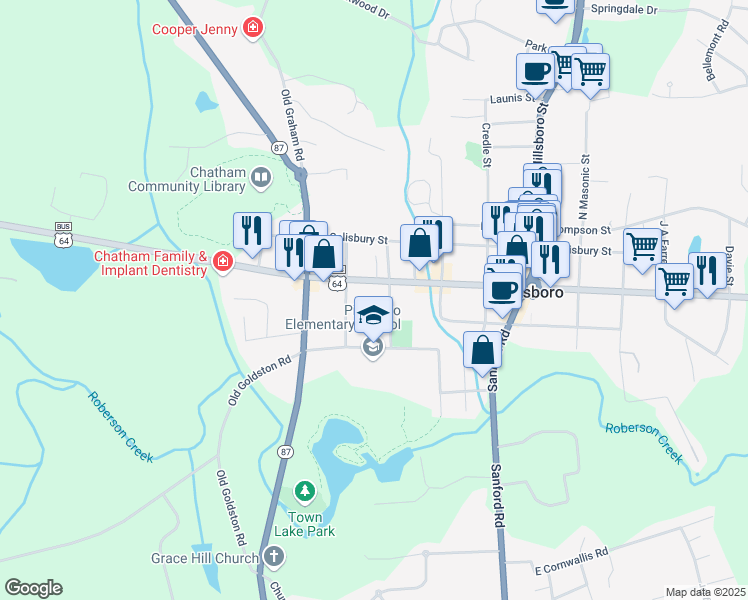 map of restaurants, bars, coffee shops, grocery stores, and more near 369 West Street in Pittsboro
