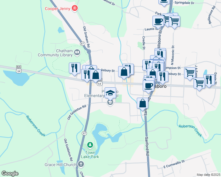 map of restaurants, bars, coffee shops, grocery stores, and more near 369 West Street in Pittsboro