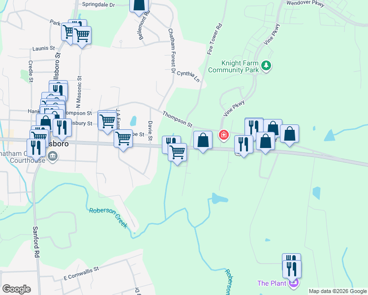 map of restaurants, bars, coffee shops, grocery stores, and more near East Street in Pittsboro