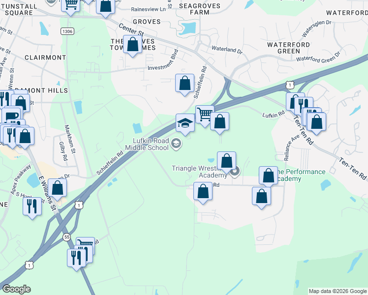 map of restaurants, bars, coffee shops, grocery stores, and more near 1002 Lufkin Road in Apex