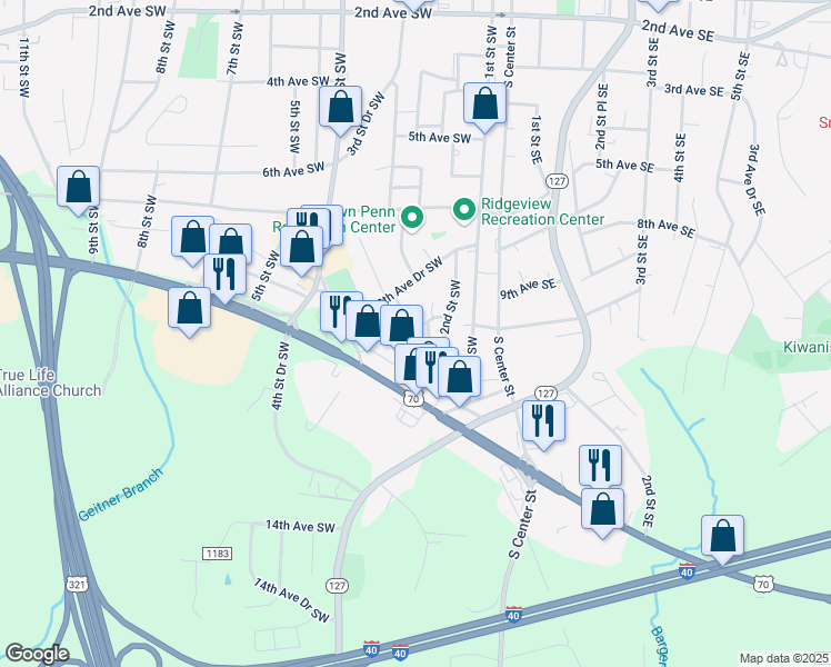 map of restaurants, bars, coffee shops, grocery stores, and more near 960 2nd Street Place Southwest in Hickory