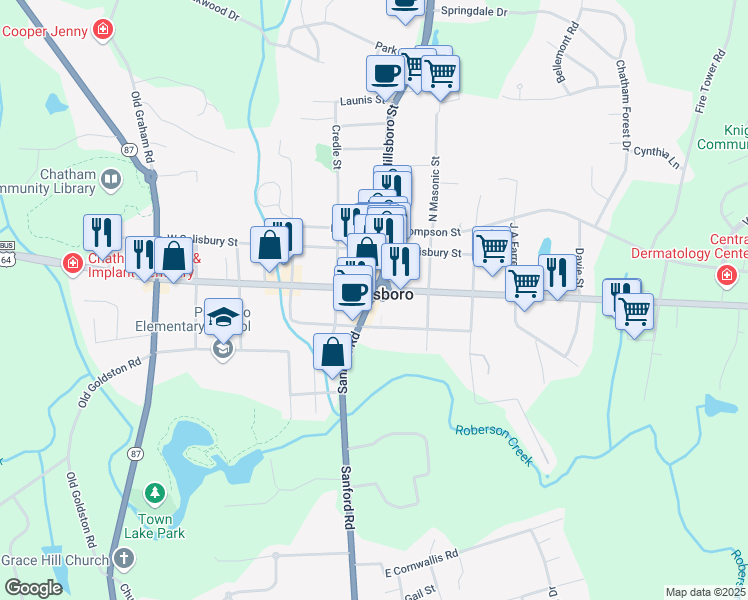 map of restaurants, bars, coffee shops, grocery stores, and more near 15 U.S. 501 in Pittsboro