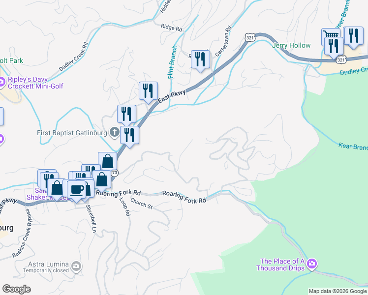 map of restaurants, bars, coffee shops, grocery stores, and more near 336 Tower Road in Gatlinburg