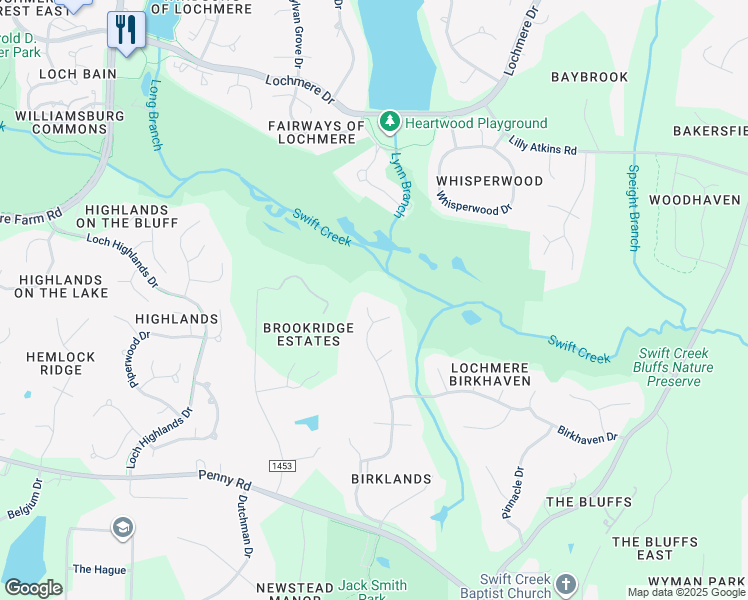 map of restaurants, bars, coffee shops, grocery stores, and more near 102 Solitude Way in Cary