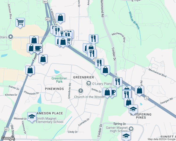 map of restaurants, bars, coffee shops, grocery stores, and more near 3808 Vesta Drive in Raleigh
