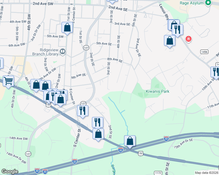 map of restaurants, bars, coffee shops, grocery stores, and more near 1051 3rd Street Southeast in Hickory