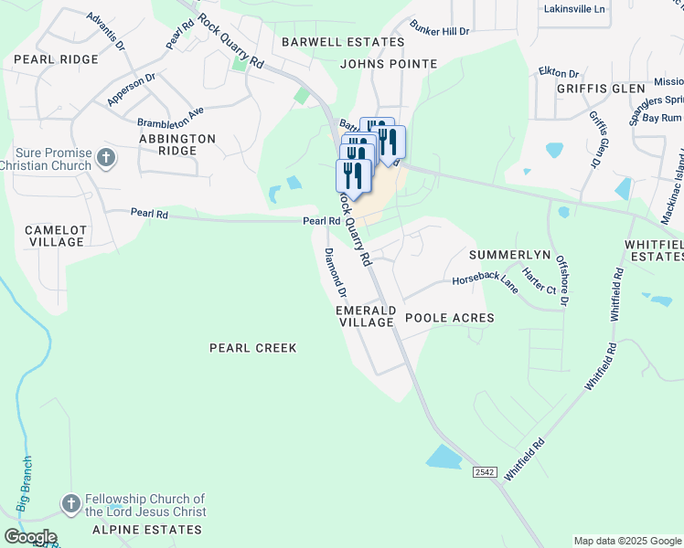 map of restaurants, bars, coffee shops, grocery stores, and more near 6321 Diamond Drive in Raleigh