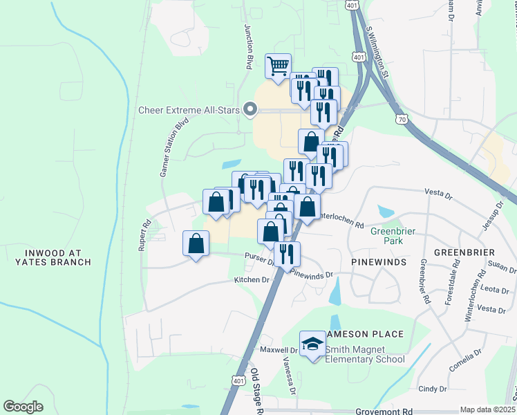 map of restaurants, bars, coffee shops, grocery stores, and more near in Raleigh