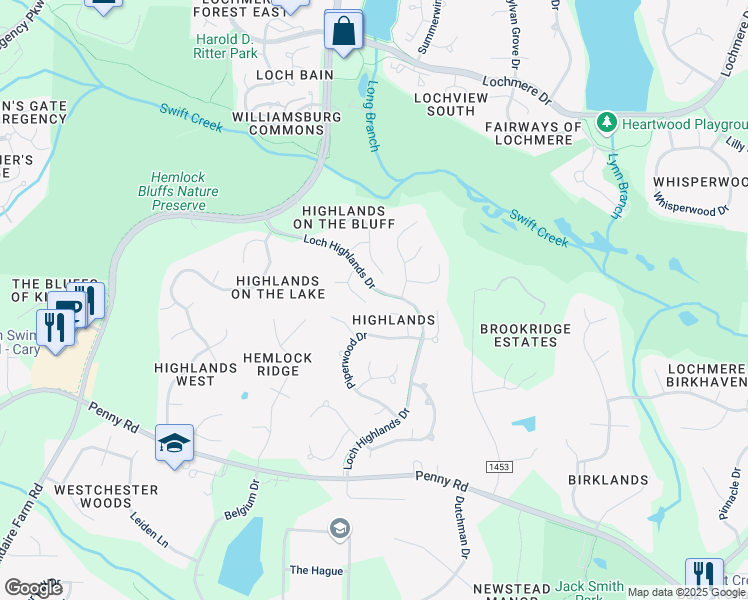 map of restaurants, bars, coffee shops, grocery stores, and more near 111 Greenhaven Lane in Cary
