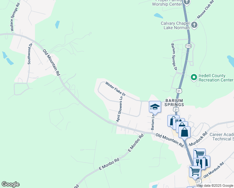 map of restaurants, bars, coffee shops, grocery stores, and more near 175 Winter Flake Drive in Statesville