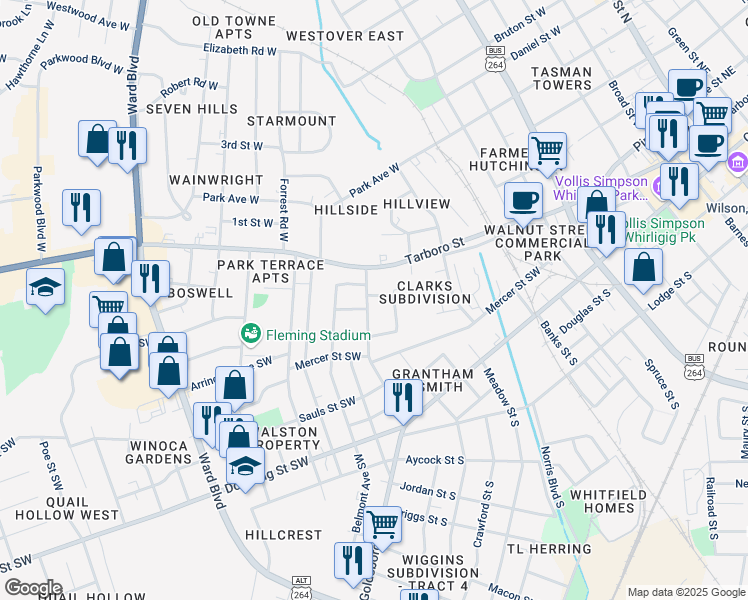 map of restaurants, bars, coffee shops, grocery stores, and more near 201 Fairview Avenue Southwest in Wilson