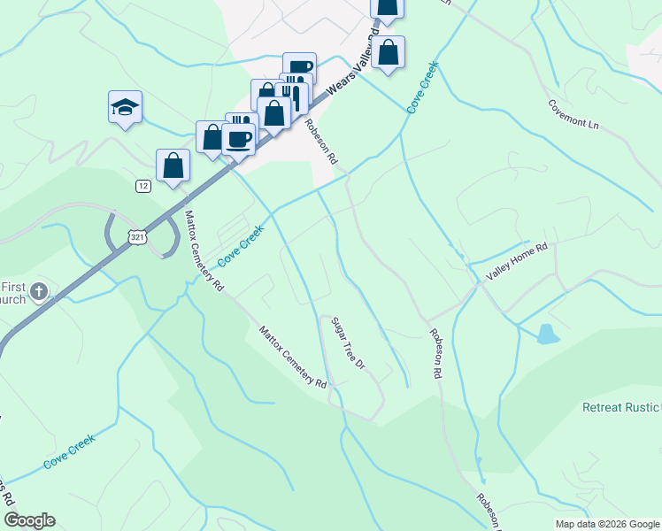 map of restaurants, bars, coffee shops, grocery stores, and more near 3440 Cove Meadows Drive in Sevierville