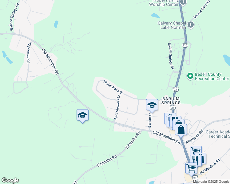 map of restaurants, bars, coffee shops, grocery stores, and more near 175 Winter Flake Drive in Statesville