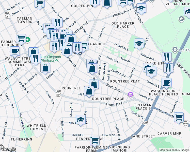 map of restaurants, bars, coffee shops, grocery stores, and more near 201 Pender Street Southeast in Wilson