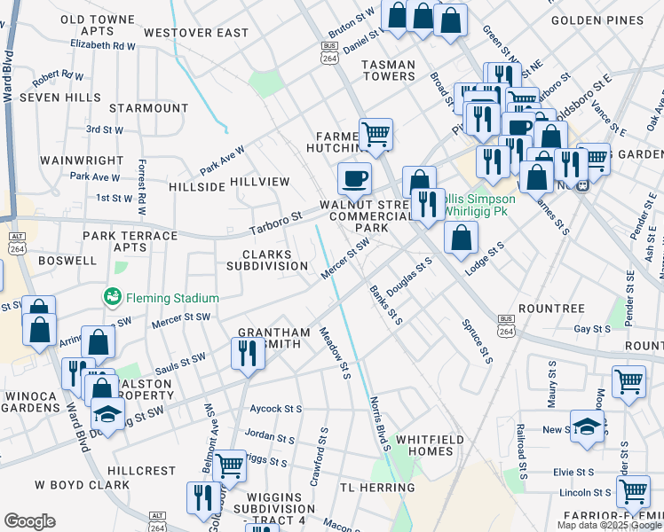 map of restaurants, bars, coffee shops, grocery stores, and more near in Wilson