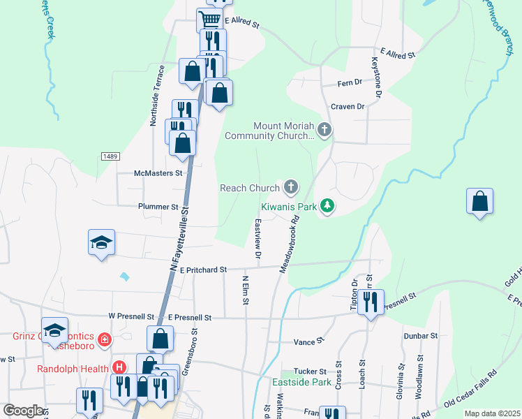 map of restaurants, bars, coffee shops, grocery stores, and more near 217 Crowne Park Avenue in Asheboro
