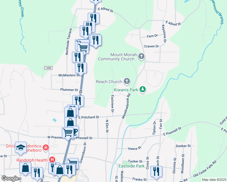 map of restaurants, bars, coffee shops, grocery stores, and more near 217 Crowne Park Avenue in Asheboro
