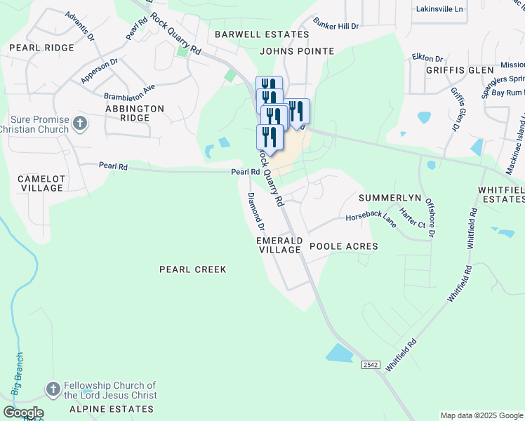 map of restaurants, bars, coffee shops, grocery stores, and more near 6321 Diamond Drive in Raleigh