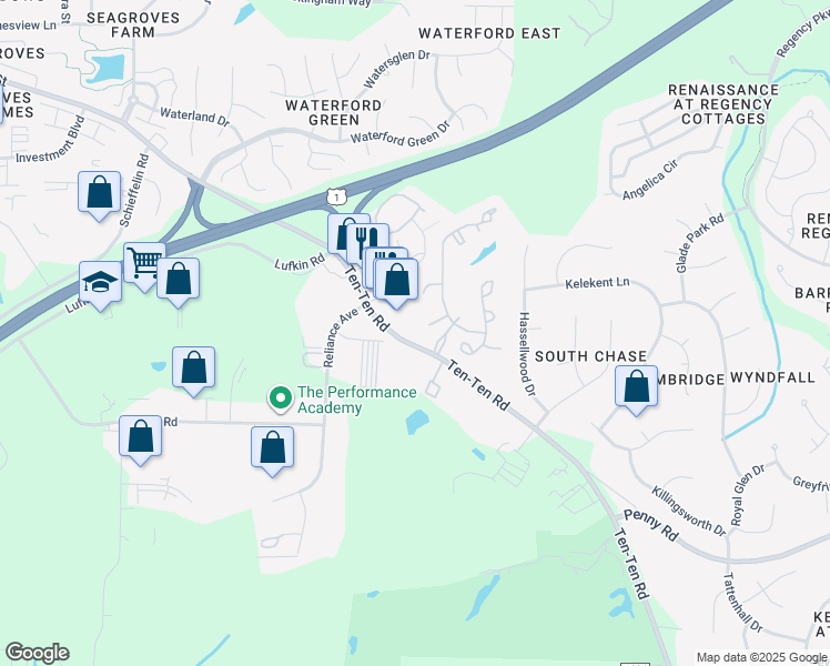 map of restaurants, bars, coffee shops, grocery stores, and more near 2600 Hedera Way in Apex