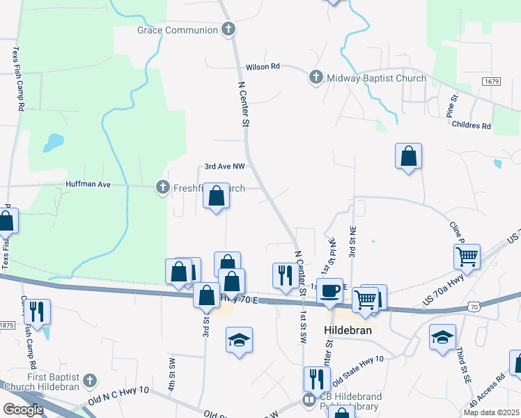 map of restaurants, bars, coffee shops, grocery stores, and more near 202 Martin Place in Hildebran