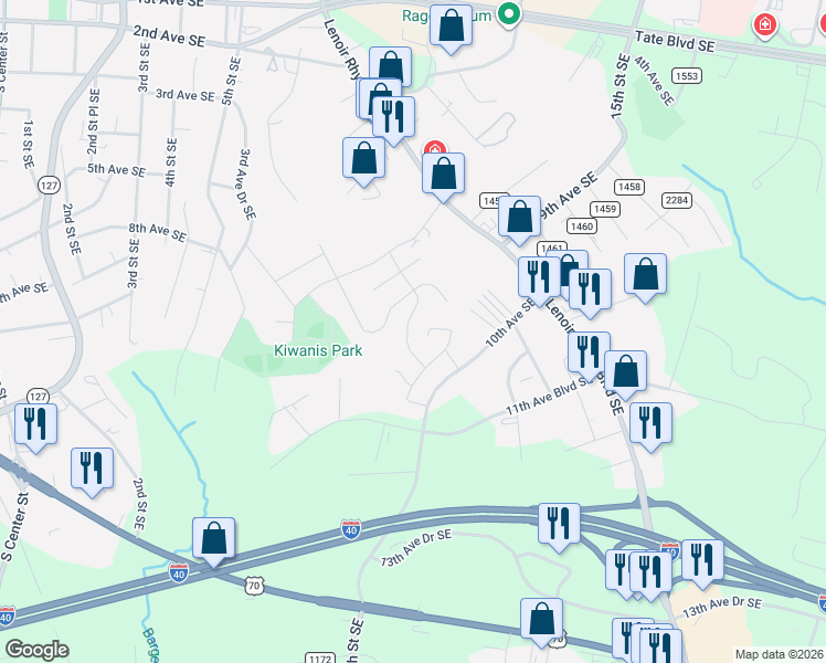 map of restaurants, bars, coffee shops, grocery stores, and more near 1004 7th Street Drive Southeast in Hickory