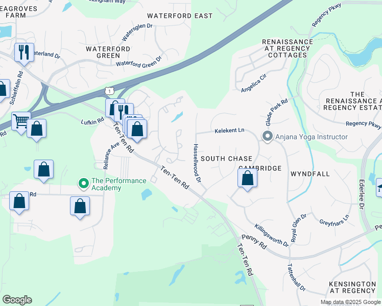 map of restaurants, bars, coffee shops, grocery stores, and more near 125 Hassellwood Drive in Cary