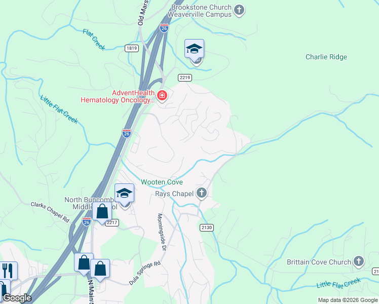 map of restaurants, bars, coffee shops, grocery stores, and more near 49 Evening Shade Drive in Weaverville