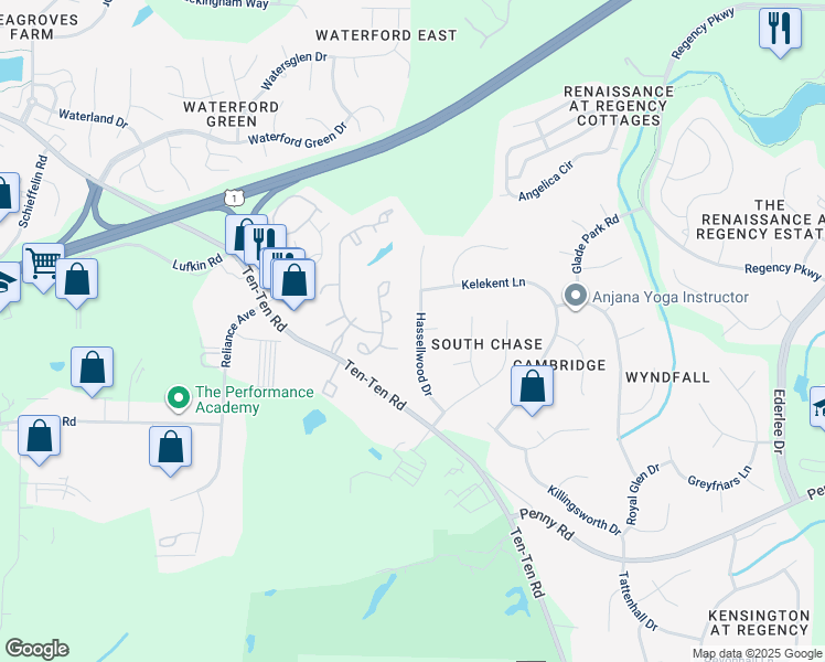 map of restaurants, bars, coffee shops, grocery stores, and more near 125 Hassellwood Drive in Cary