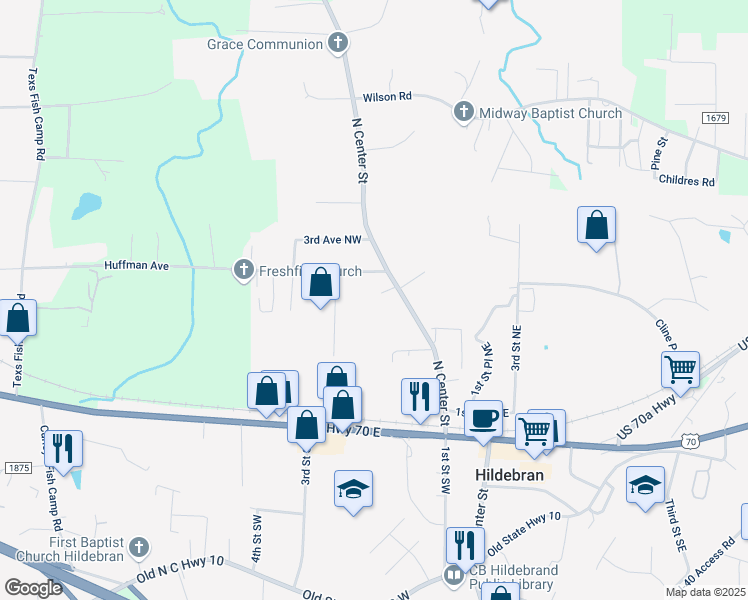 map of restaurants, bars, coffee shops, grocery stores, and more near 202 Martin Place in Hildebran