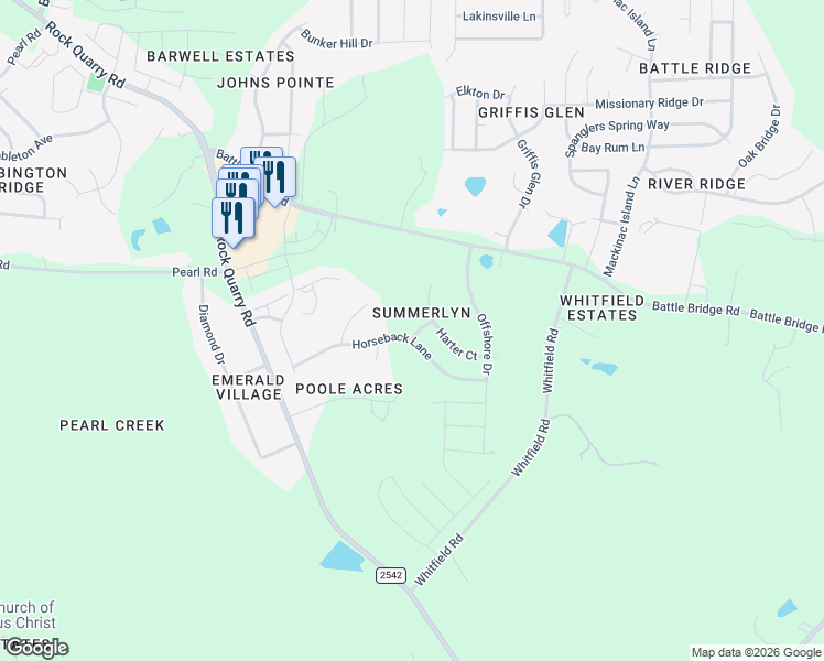 map of restaurants, bars, coffee shops, grocery stores, and more near 6806 Horseback Lane in Raleigh