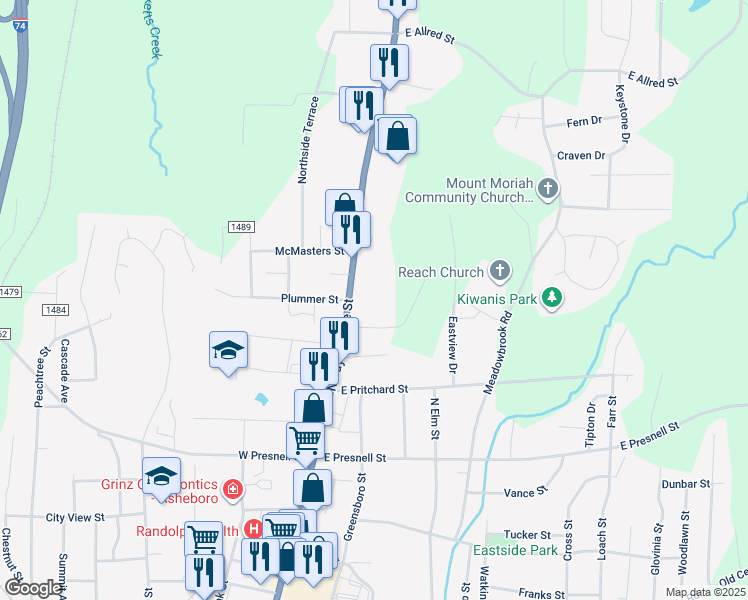 map of restaurants, bars, coffee shops, grocery stores, and more near 201 Sterling Street in Asheboro