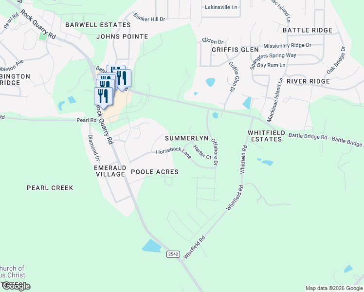 map of restaurants, bars, coffee shops, grocery stores, and more near 6806 Horseback Lane in Raleigh