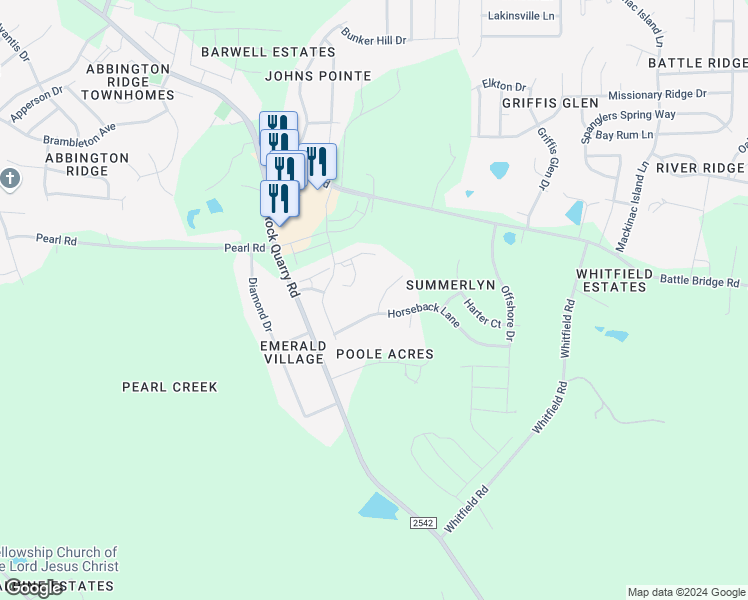 map of restaurants, bars, coffee shops, grocery stores, and more near 6348 Slopeside Court in Raleigh