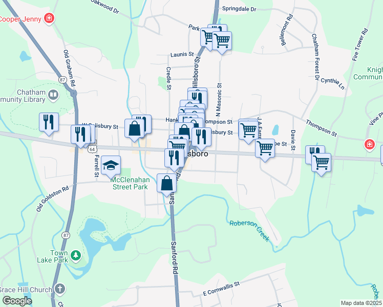 map of restaurants, bars, coffee shops, grocery stores, and more near in Pittsboro