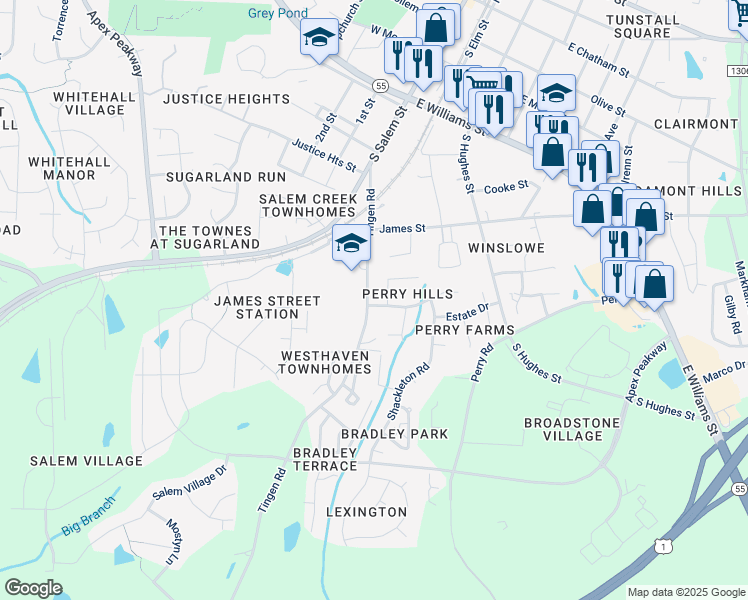 map of restaurants, bars, coffee shops, grocery stores, and more near 1 Sparta Lane in Apex