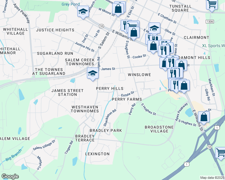 map of restaurants, bars, coffee shops, grocery stores, and more near 207 Sparta Lane in Apex