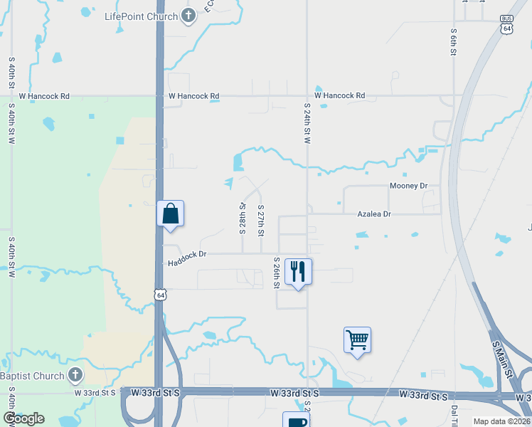 map of restaurants, bars, coffee shops, grocery stores, and more near 2709 South 27th Street in Muskogee