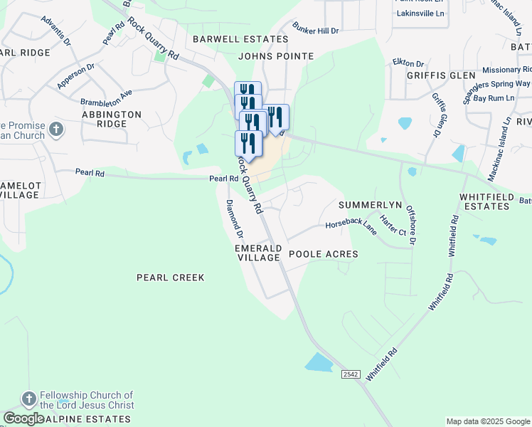 map of restaurants, bars, coffee shops, grocery stores, and more near 2900 Poole Farm Lane in Raleigh