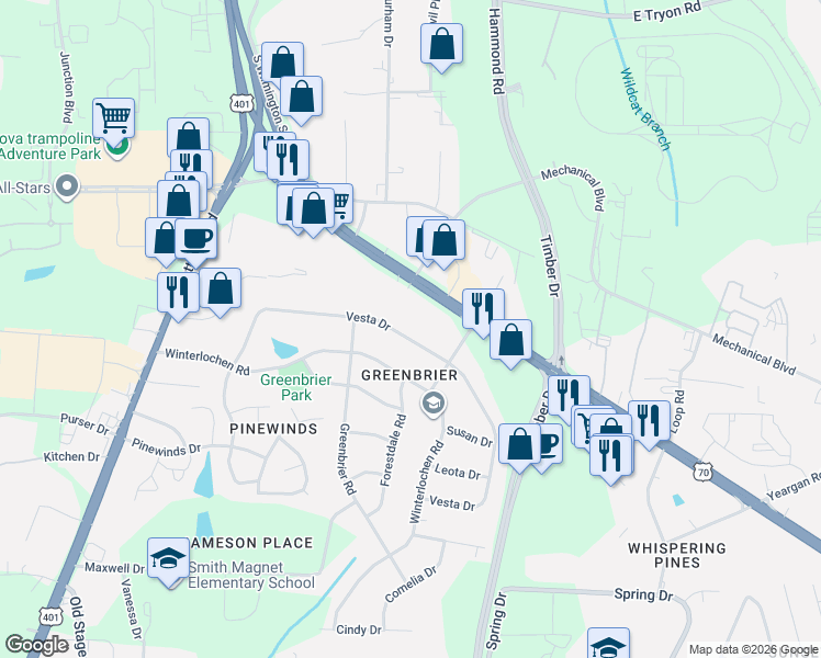 map of restaurants, bars, coffee shops, grocery stores, and more near 1329 U.S. 70 in Garner