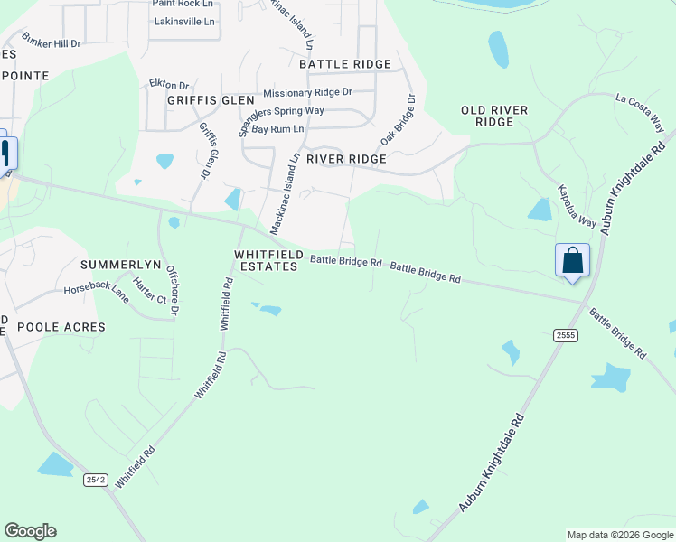 map of restaurants, bars, coffee shops, grocery stores, and more near 7215 Battle Bridge Road in Raleigh