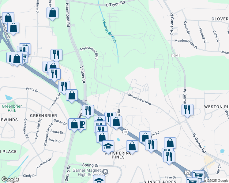 map of restaurants, bars, coffee shops, grocery stores, and more near 1511 Mechanical Boulevard in Garner